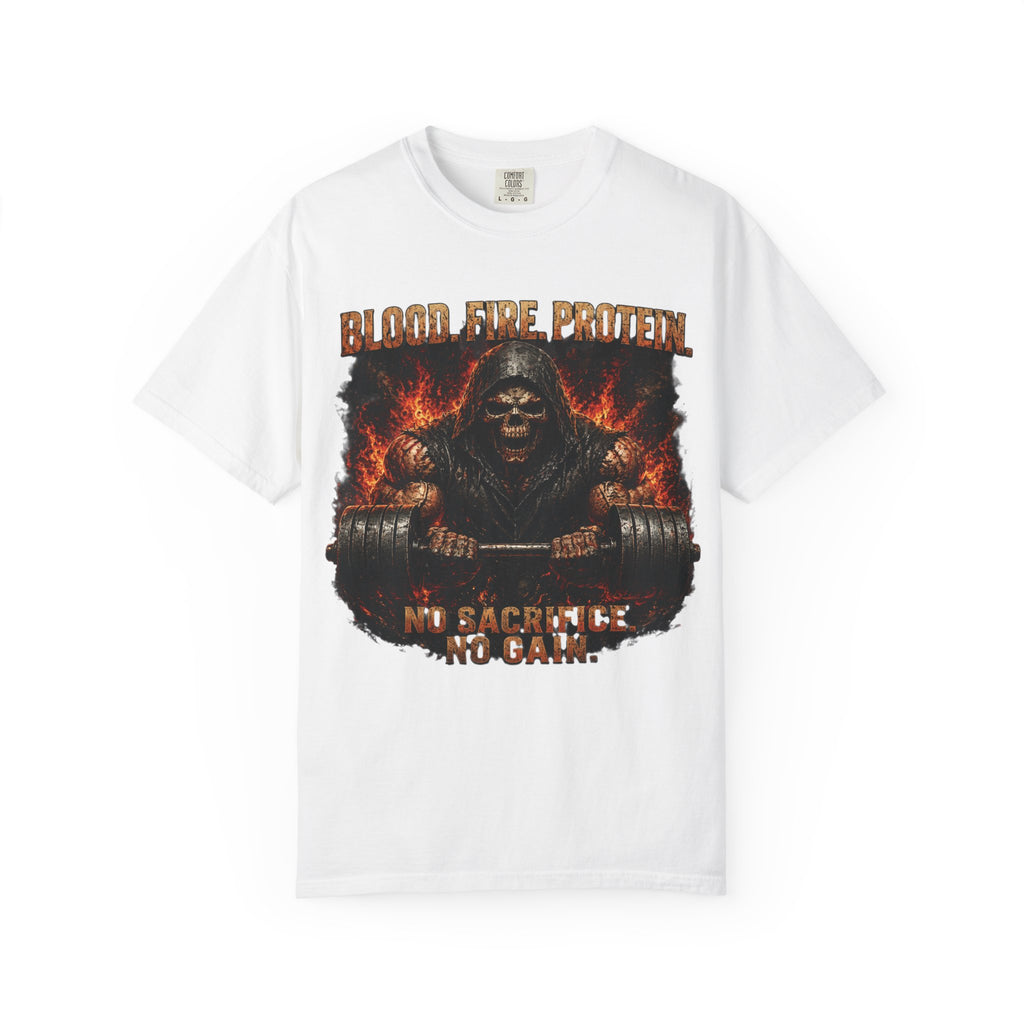 Grim Reaper Deadlift garment-dyed tee, hooded reaper gripping a loaded barbell in flame
