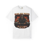 Grim Reaper Deadlift garment-dyed tee, hooded reaper gripping a loaded barbell in flame