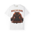 Built By Pain garment-dyed tee, horned demon deadlifting through a wall of fire