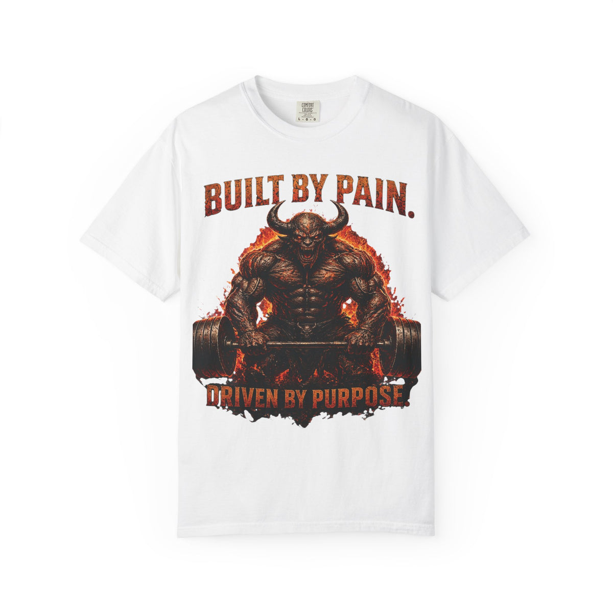 Built By Pain garment-dyed tee, horned demon deadlifting through a wall of fire