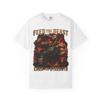 Feed the Beast garment-dyed tee, lifter mid-curl with protein shake framed in fire