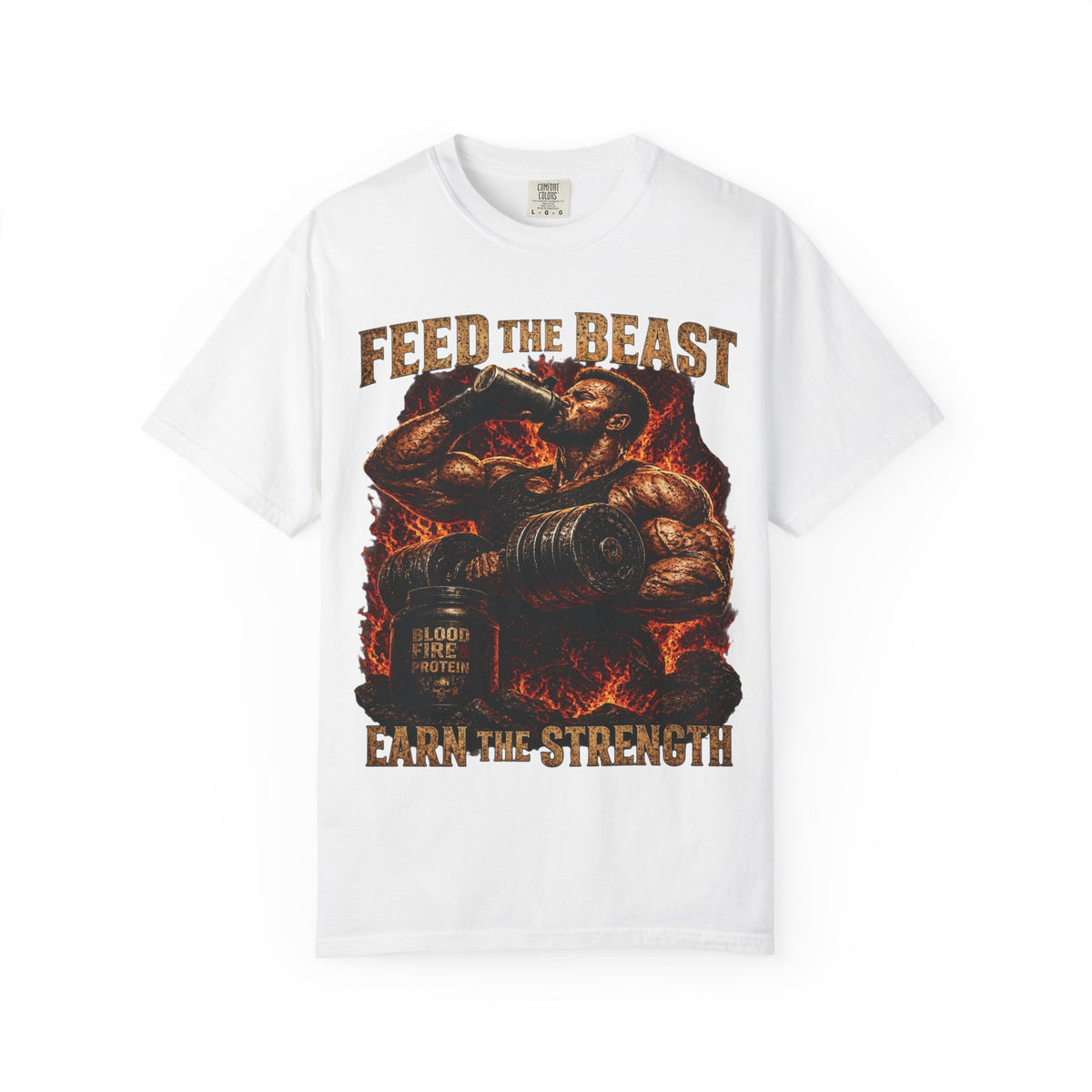 Feed the Beast garment-dyed tee, lifter mid-curl with protein shake framed in fire