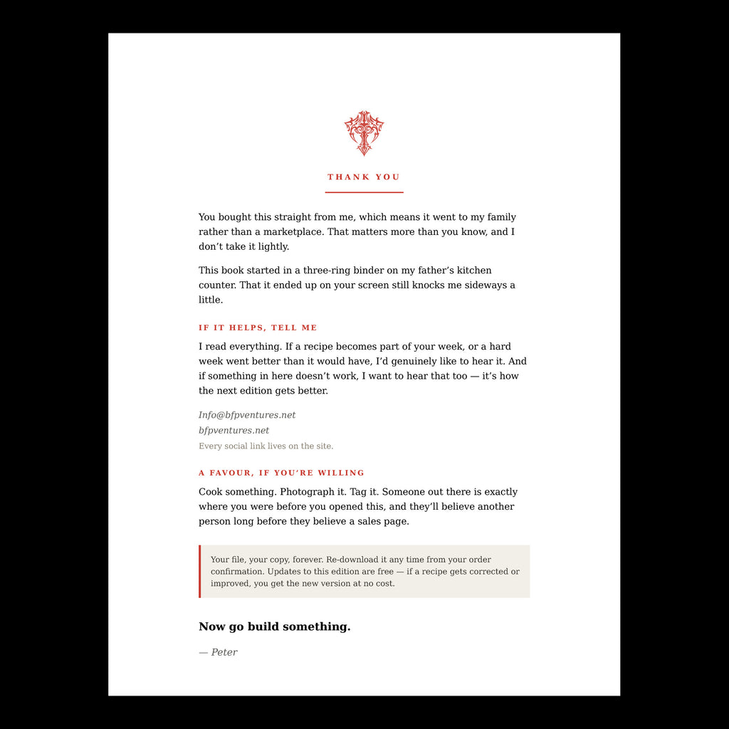 Closing page of the Blood, Fire & Protein cookbook — a thank-you note from Peter Fontaine over a dark background