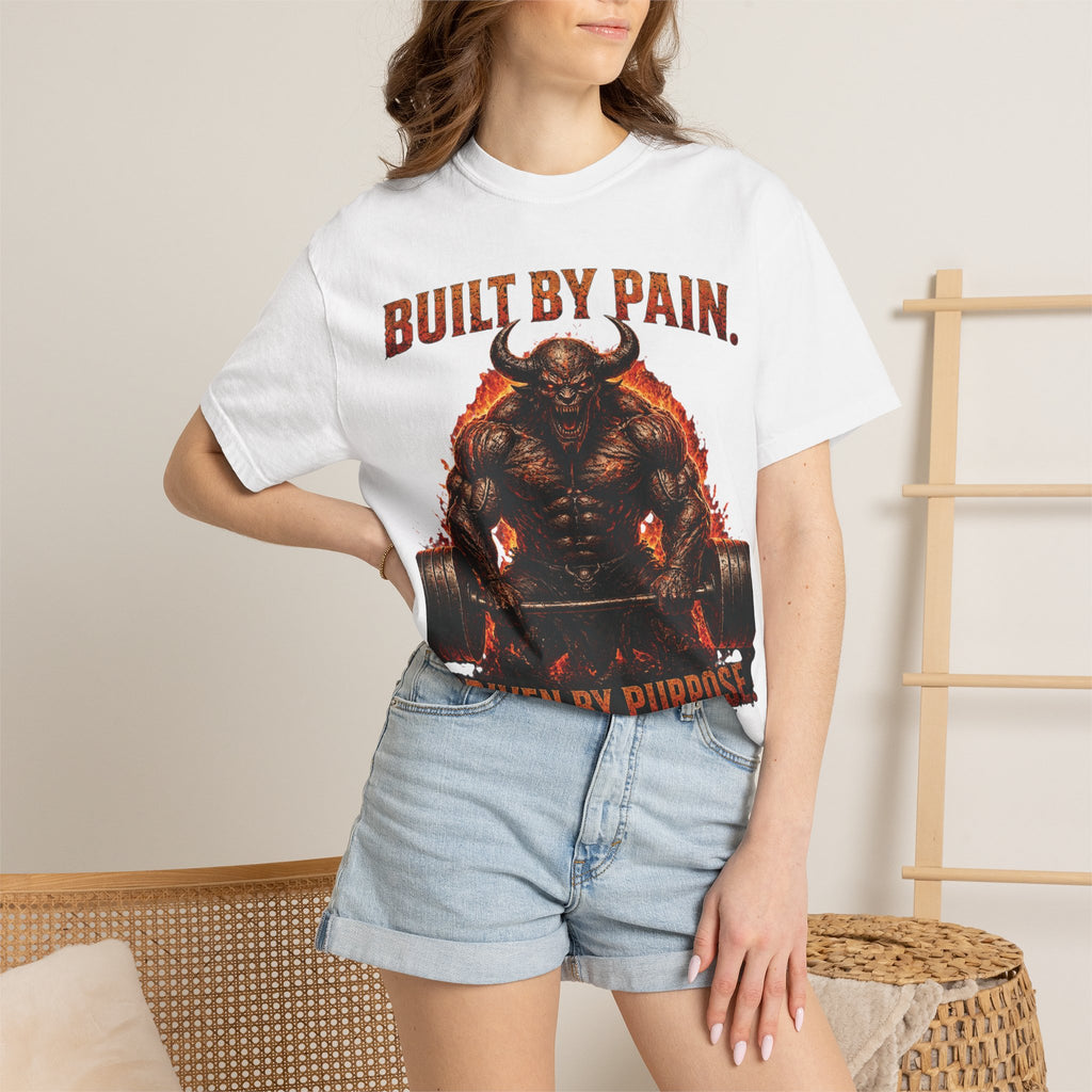 Built By Pain garment-dyed tee, horned demon deadlifting through a wall of fire