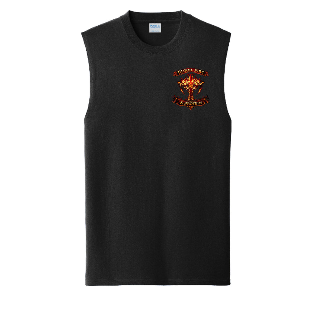 Jet Black Reforged muscle tank, front view, with the small Blood, Fire & Protein brand emblem on the chest.