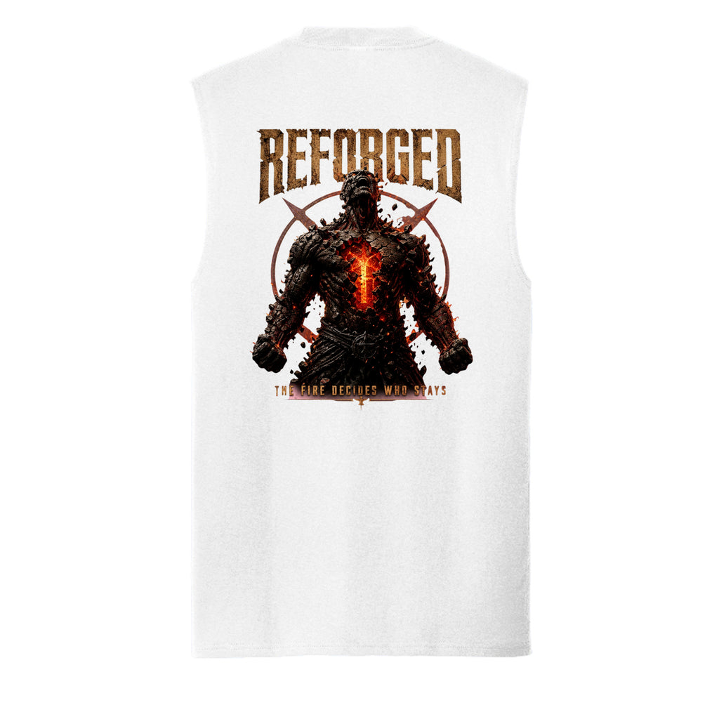 White Reforged muscle tank, back view, with a battle-scarred warrior rising from flames beneath the word Reforged.