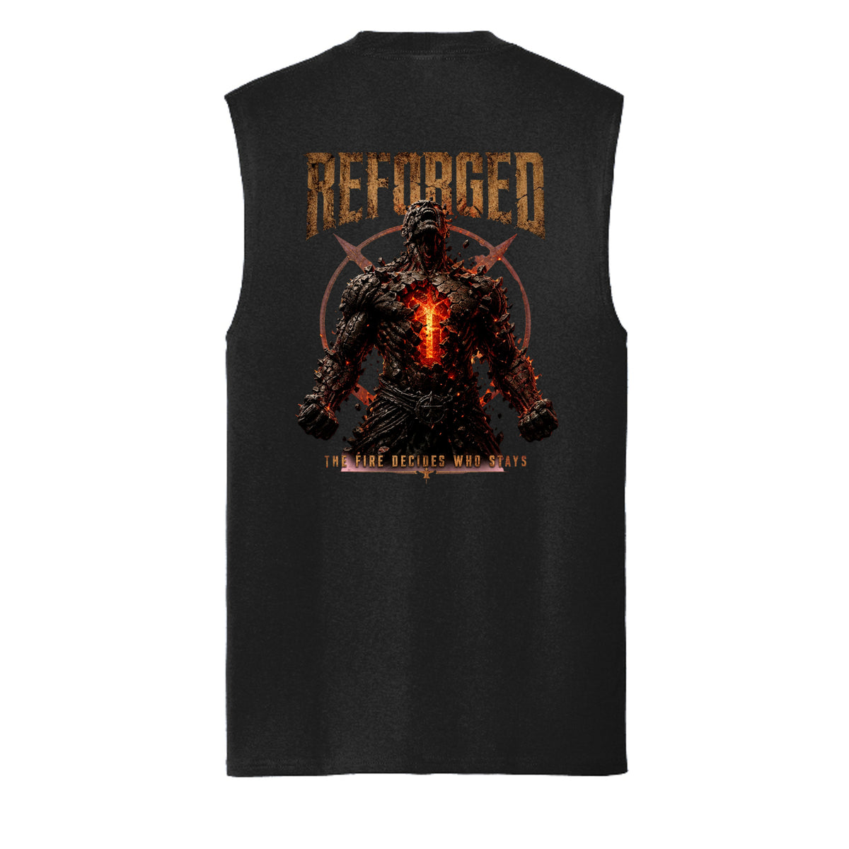 Jet Black Reforged muscle tank, back view, with a battle-scarred warrior rising from flames beneath the word Reforged.