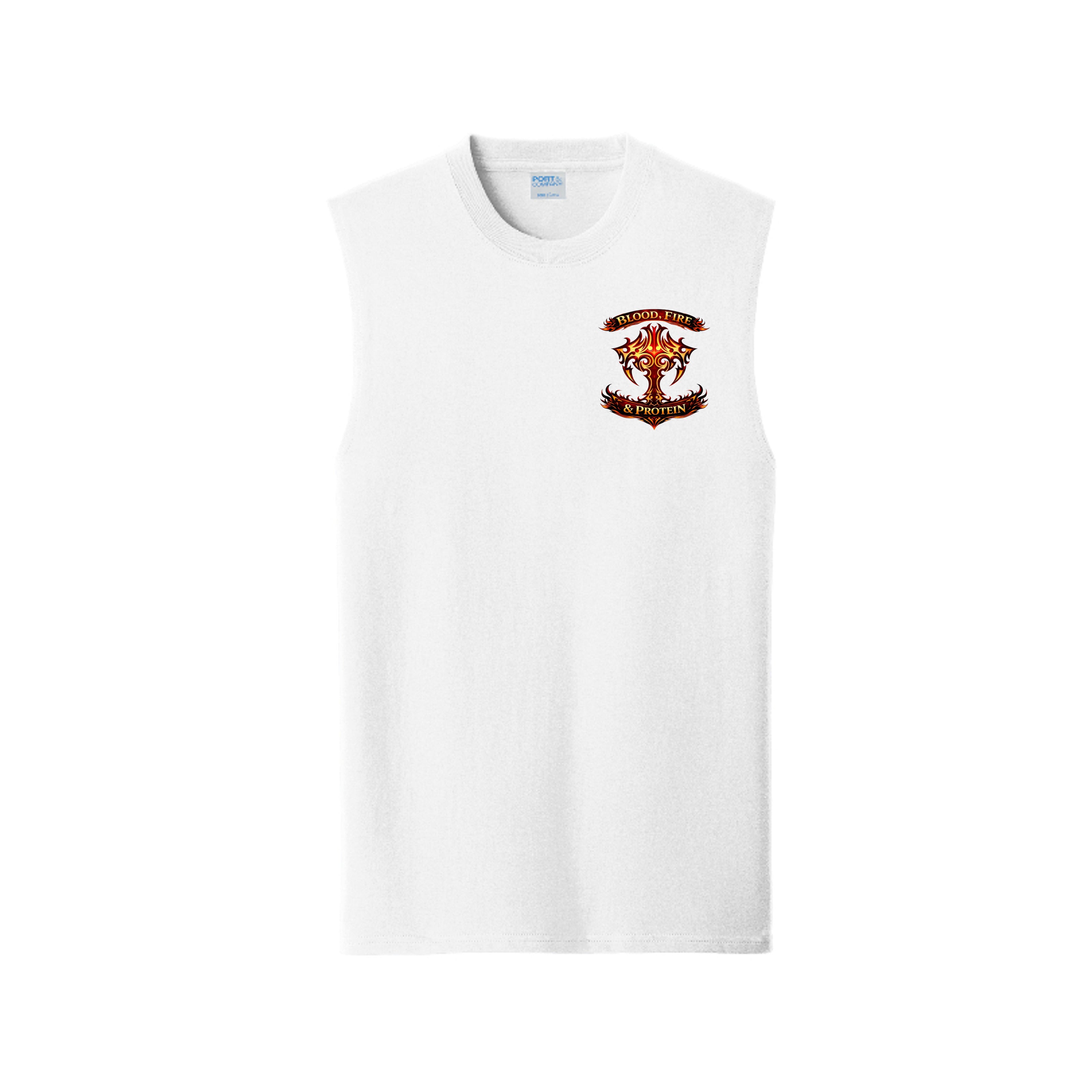 White Built By Pain muscle tank, front view, with the small Blood, Fire & Protein brand emblem on the chest.