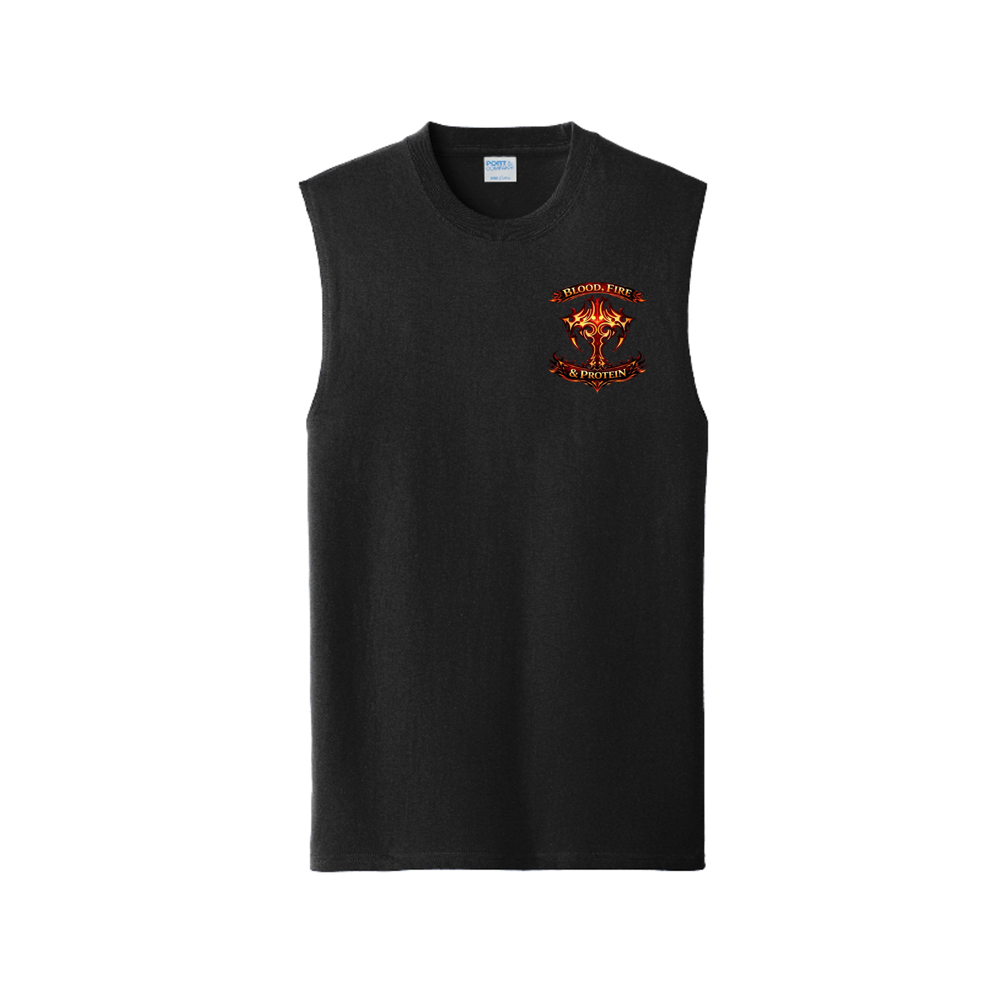 Jet Black Built By Pain muscle tank, front view, with the small Blood, Fire & Protein brand emblem on the chest.