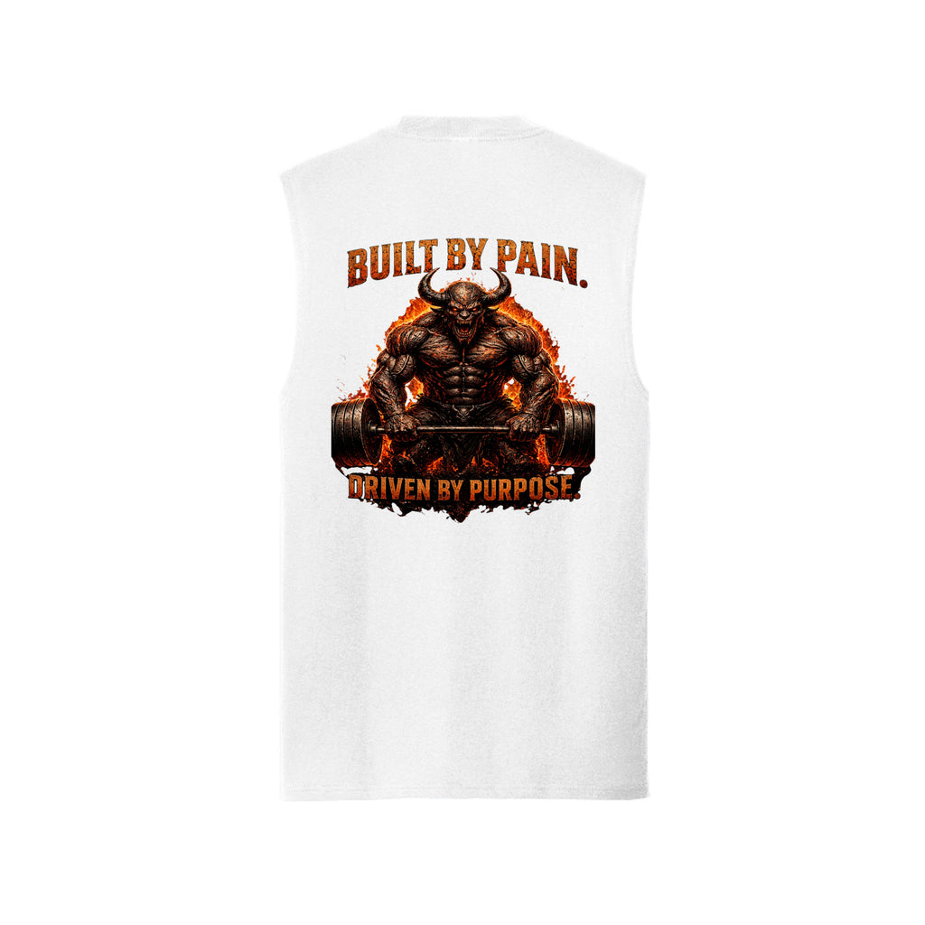 White Built By Pain muscle tank, back view, with a horned demon hoisting a loaded barbell through a wall of fire, Built By Pain above and Driven By Purpose below.