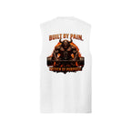 White Built By Pain muscle tank, back view, with a horned demon hoisting a loaded barbell through a wall of fire, Built By Pain above and Driven By Purpose below.