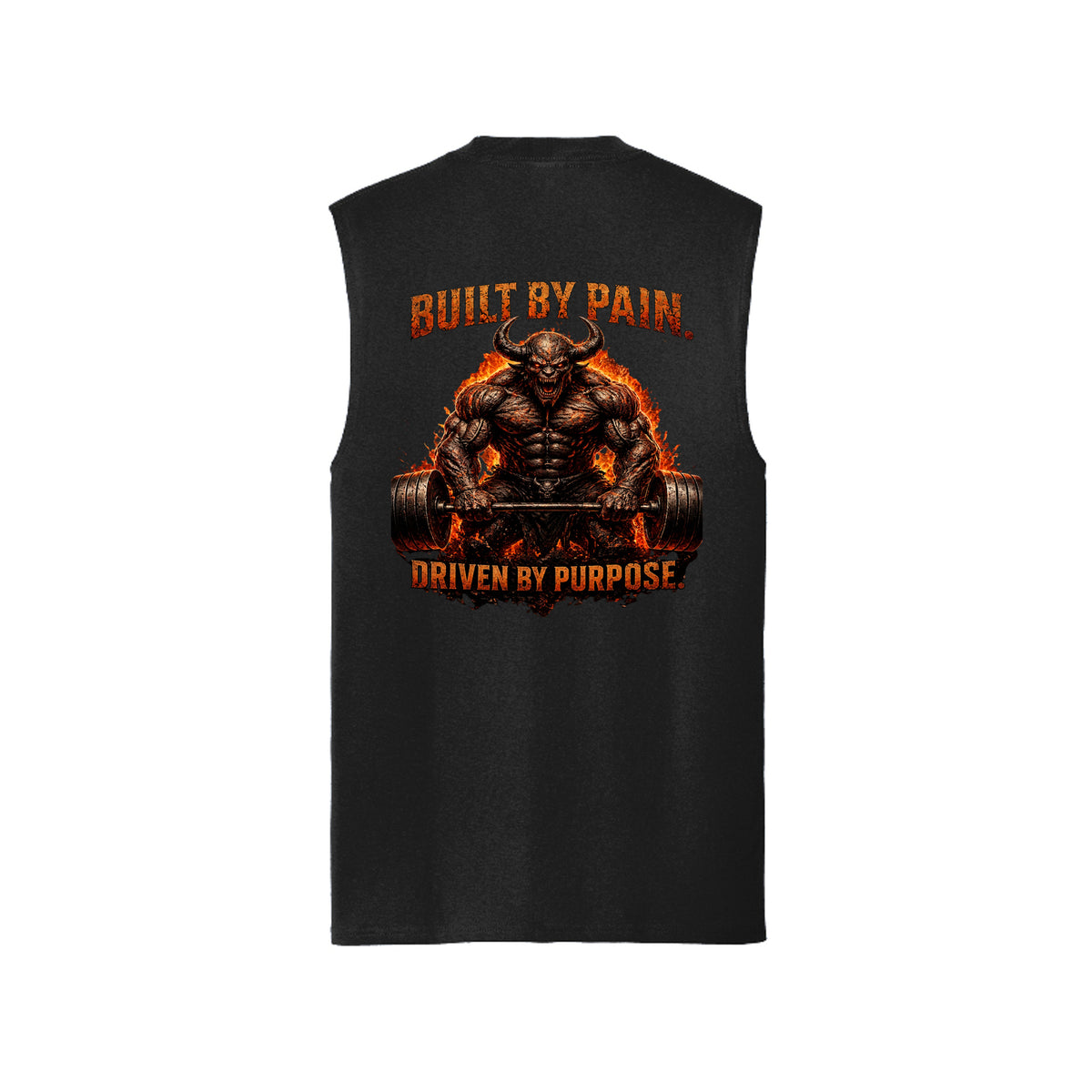 Jet Black Built By Pain muscle tank, back view, with a horned demon hoisting a loaded barbell through a wall of fire, Built By Pain above and Driven By Purpose below.