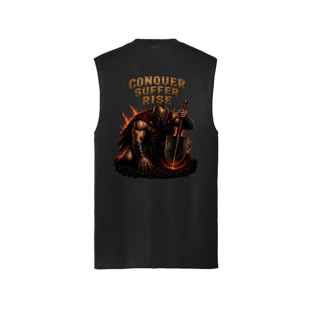 Jet Black sleeveless muscle tank, back view, with the Conquer, Suffer, Rise battle-worn warrior rising from smoke and flame.