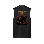 Jet Black sleeveless muscle tank, back view, with the Conquer, Suffer, Rise battle-worn warrior rising from smoke and flame.