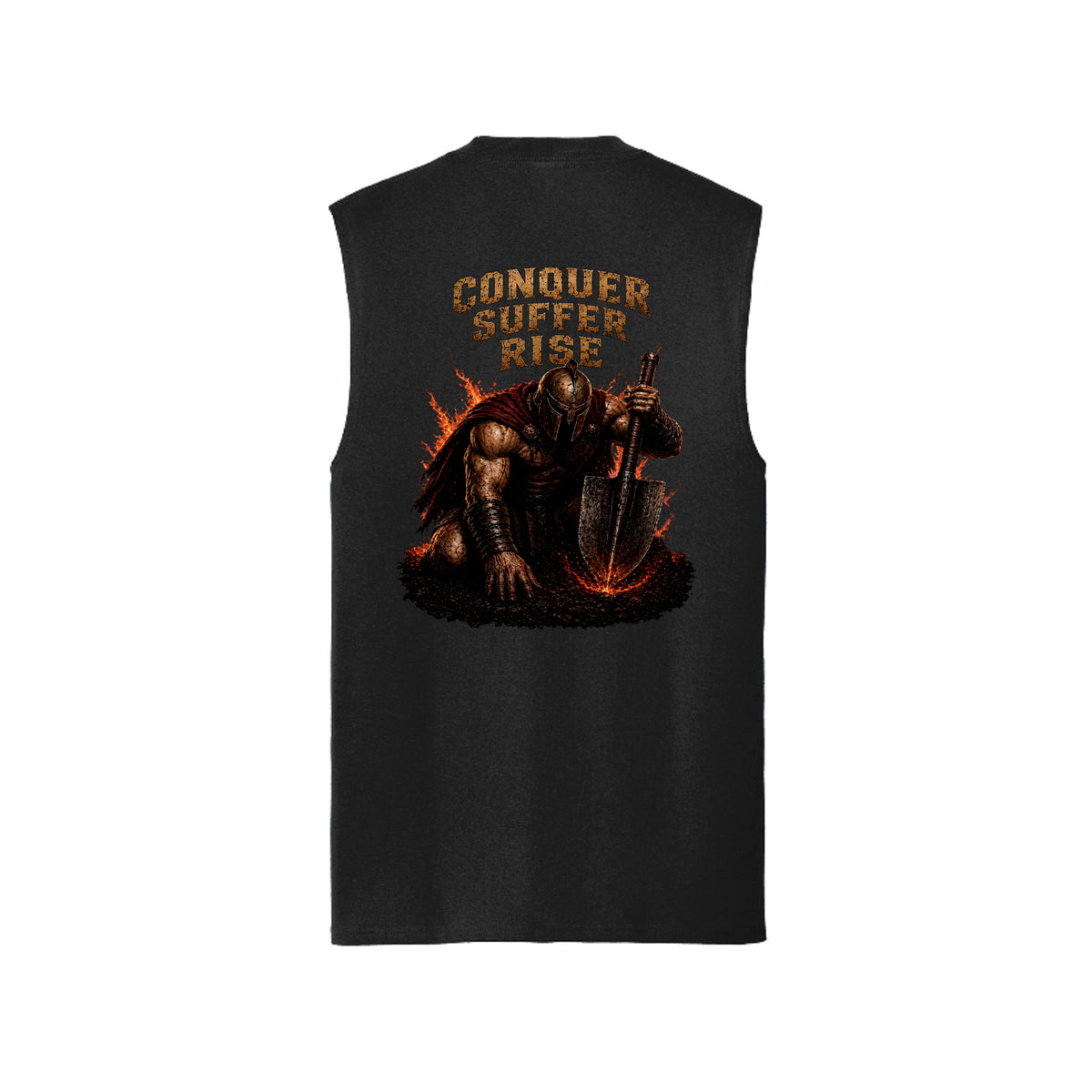 Jet Black sleeveless muscle tank, back view, with the Conquer, Suffer, Rise battle-worn warrior rising from smoke and flame.