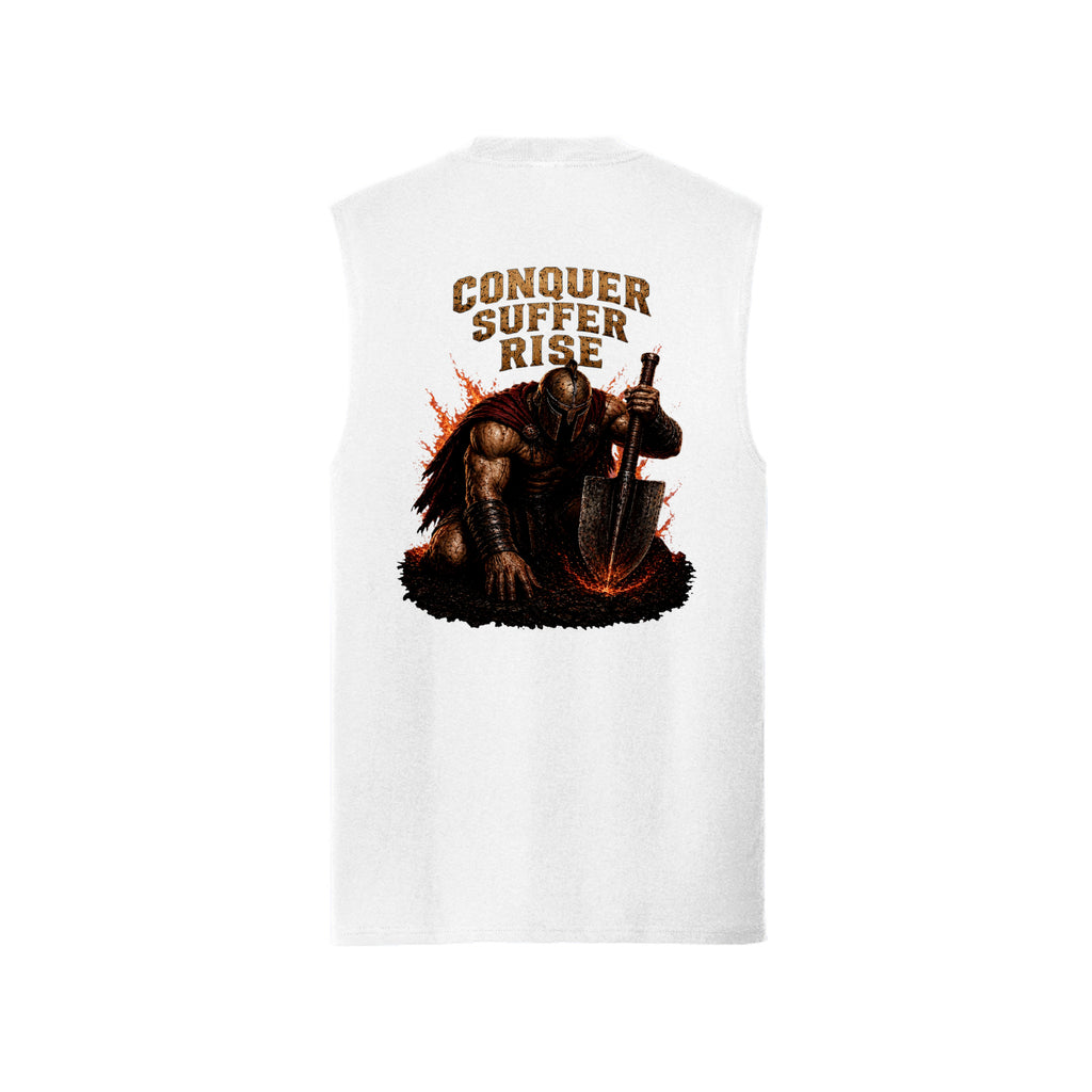 White sleeveless muscle tank, back view, with the Conquer, Suffer, Rise battle-worn warrior rising from smoke and flame.