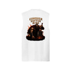 White sleeveless muscle tank, back view, with the Conquer, Suffer, Rise battle-worn warrior rising from smoke and flame.