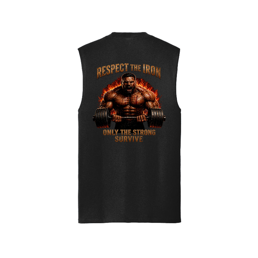 Jet Black Respect The Iron muscle tank, back view, with a scarred bodybuilder gripping the bar in fire, Respect The Iron above and Only The Strong Survive below.