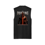Jet Black The Burning muscle tank, back view, with a warrior split by molten fire beneath cracked-stone lettering.