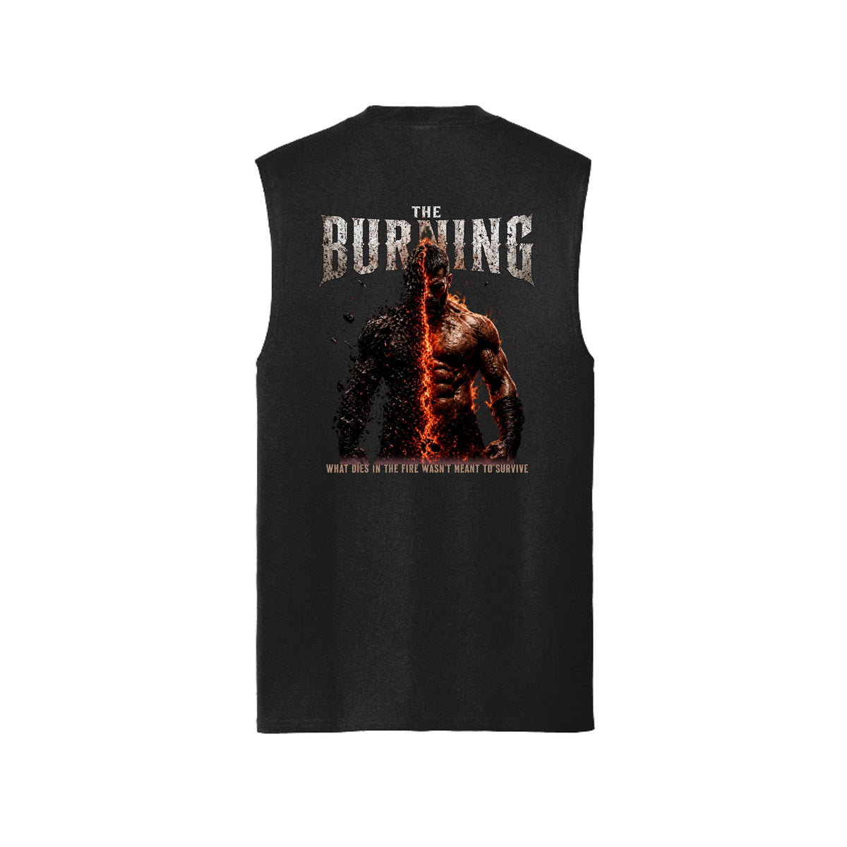 Jet Black The Burning muscle tank, back view, with a warrior split by molten fire beneath cracked-stone lettering.