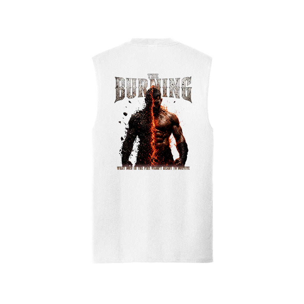 White The Burning muscle tank, back view, with a warrior split by molten fire beneath cracked-stone lettering.