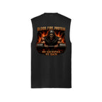 Jet Black Grim Reaper muscle tank, back view, with a hooded reaper gripping the bar in fire and bone, Blood. Fire. Protein. above and No Sacrifice. No Gain. below.