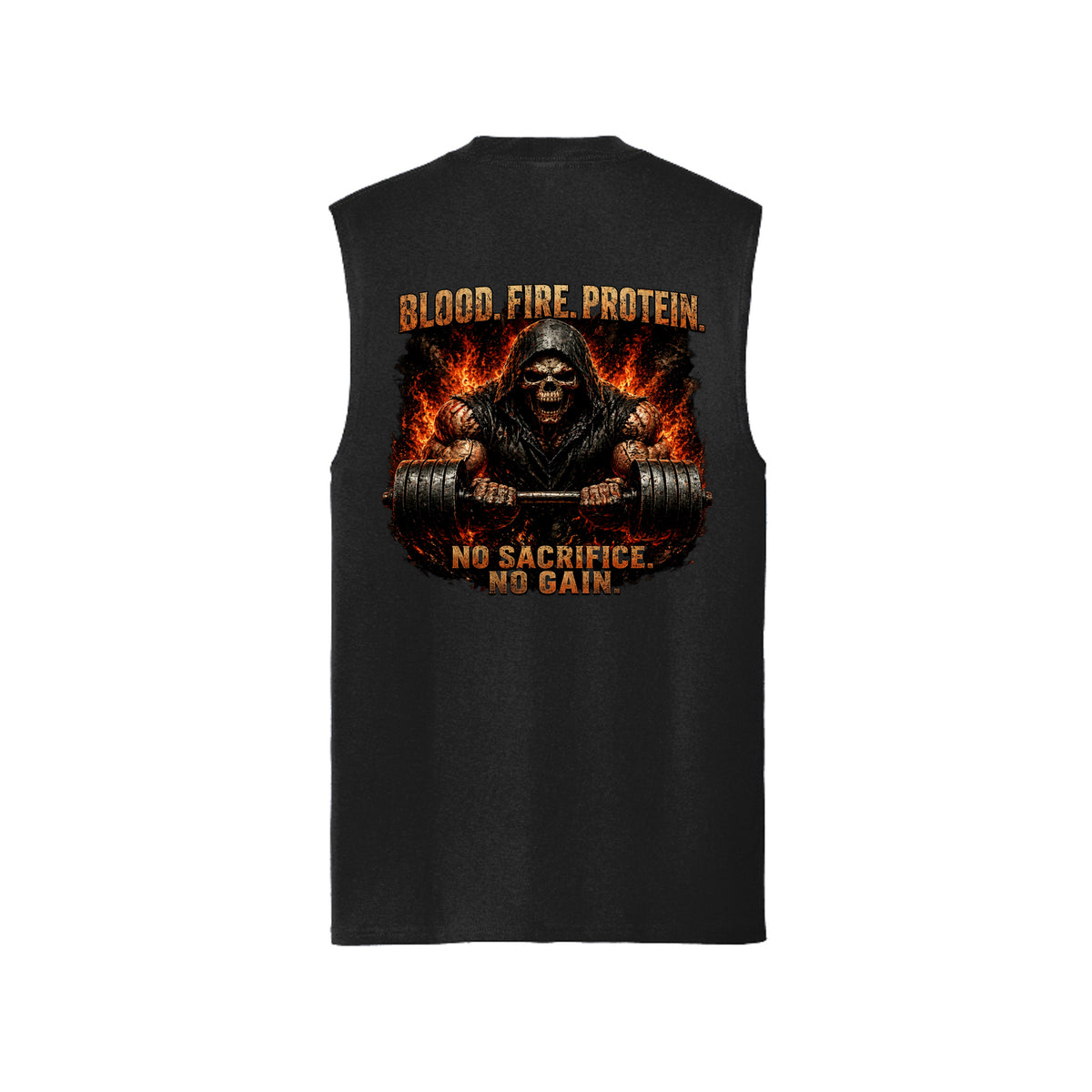 Jet Black Grim Reaper muscle tank, back view, with a hooded reaper gripping the bar in fire and bone, Blood. Fire. Protein. above and No Sacrifice. No Gain. below.