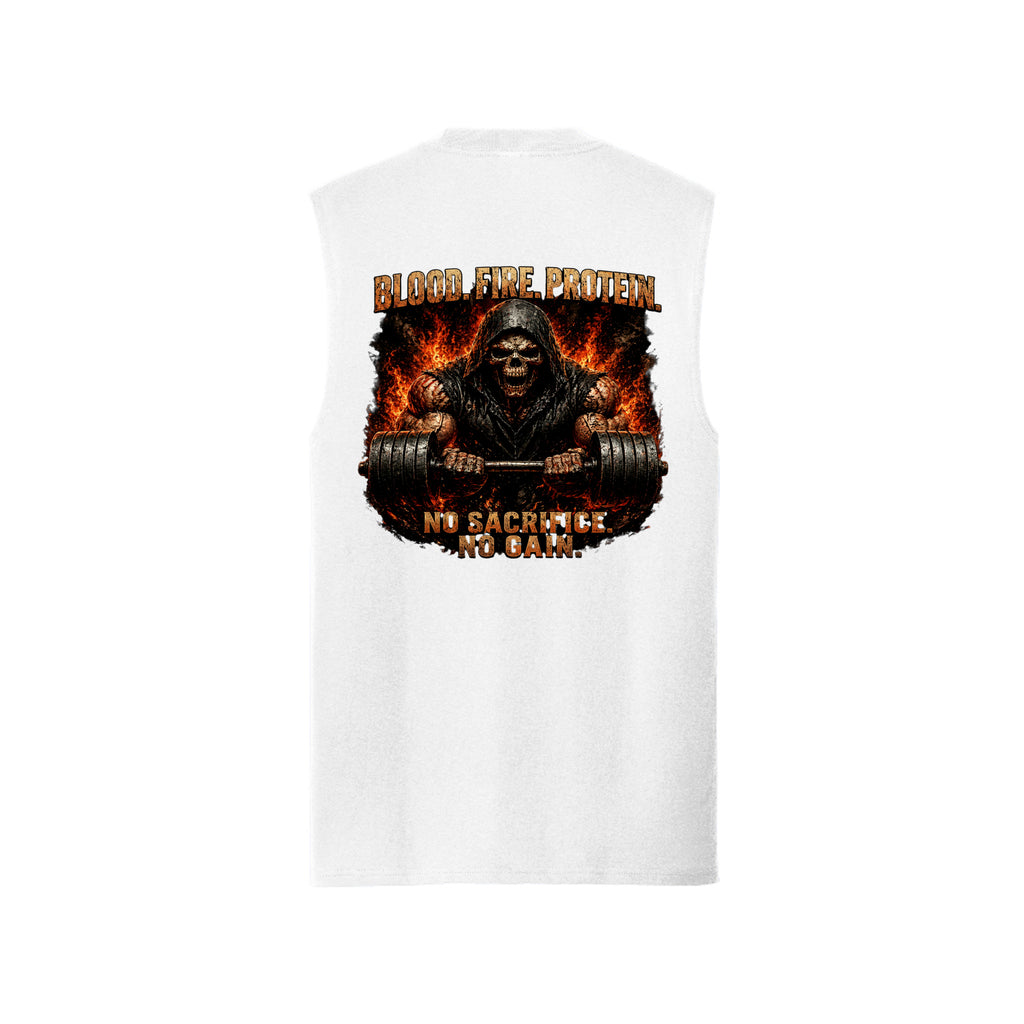 White Grim Reaper muscle tank, back view, with a hooded reaper gripping the bar in fire and bone, Blood. Fire. Protein. above and No Sacrifice. No Gain. below.