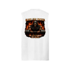 White Grim Reaper muscle tank, back view, with a hooded reaper gripping the bar in fire and bone, Blood. Fire. Protein. above and No Sacrifice. No Gain. below.