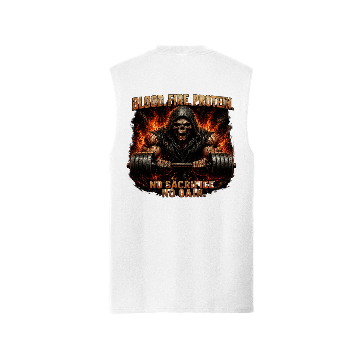 White Grim Reaper muscle tank, back view, with a hooded reaper gripping the bar in fire and bone, Blood. Fire. Protein. above and No Sacrifice. No Gain. below.