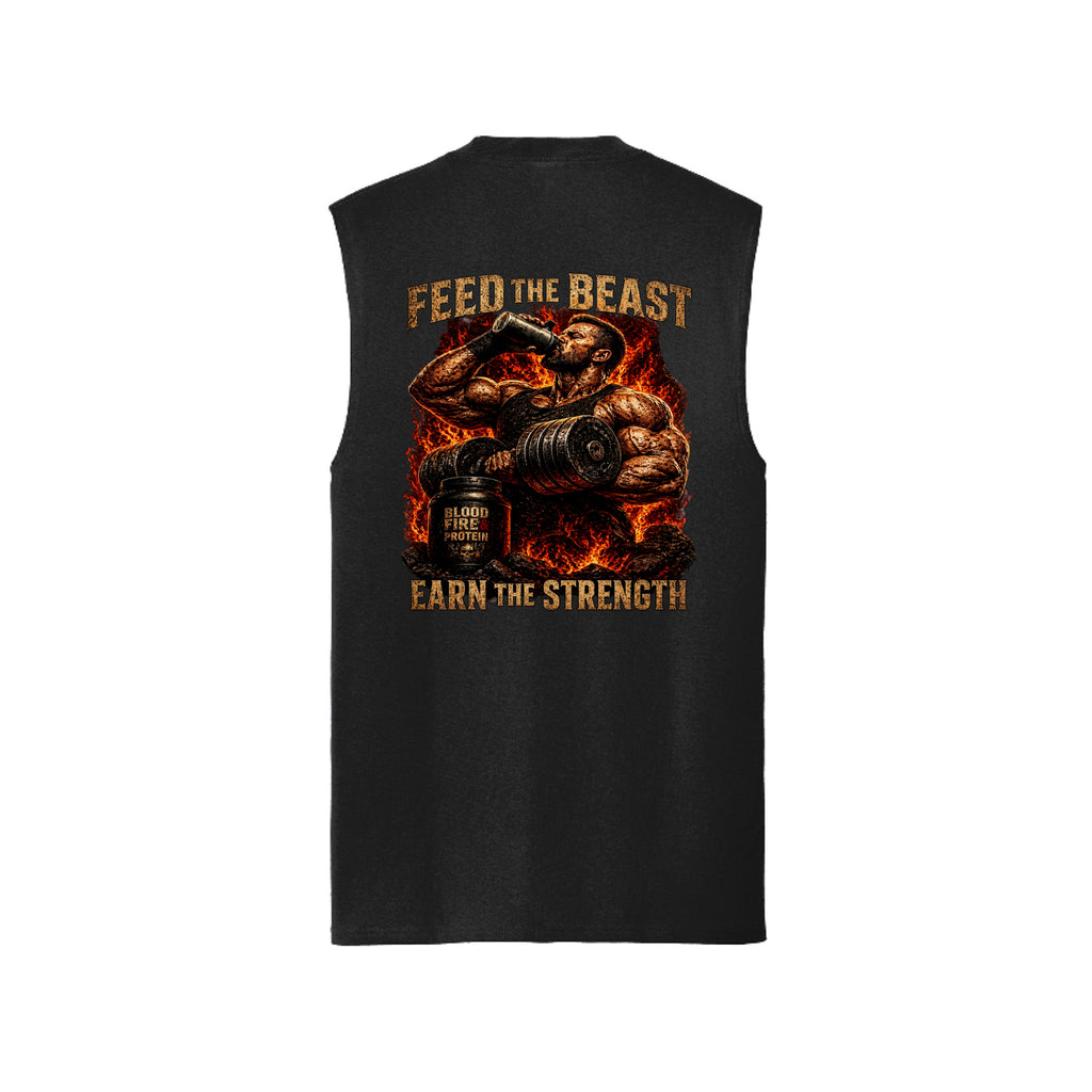 Jet Black Feed The Beast muscle tank, back view, with an athlete mid-curl and a BFP shaker bottle framed in fire, Feed The Beast above and Earn The Strength below.