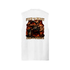 White Feed The Beast muscle tank, back view, with an athlete mid-curl and a BFP shaker bottle framed in fire, Feed The Beast above and Earn The Strength below.