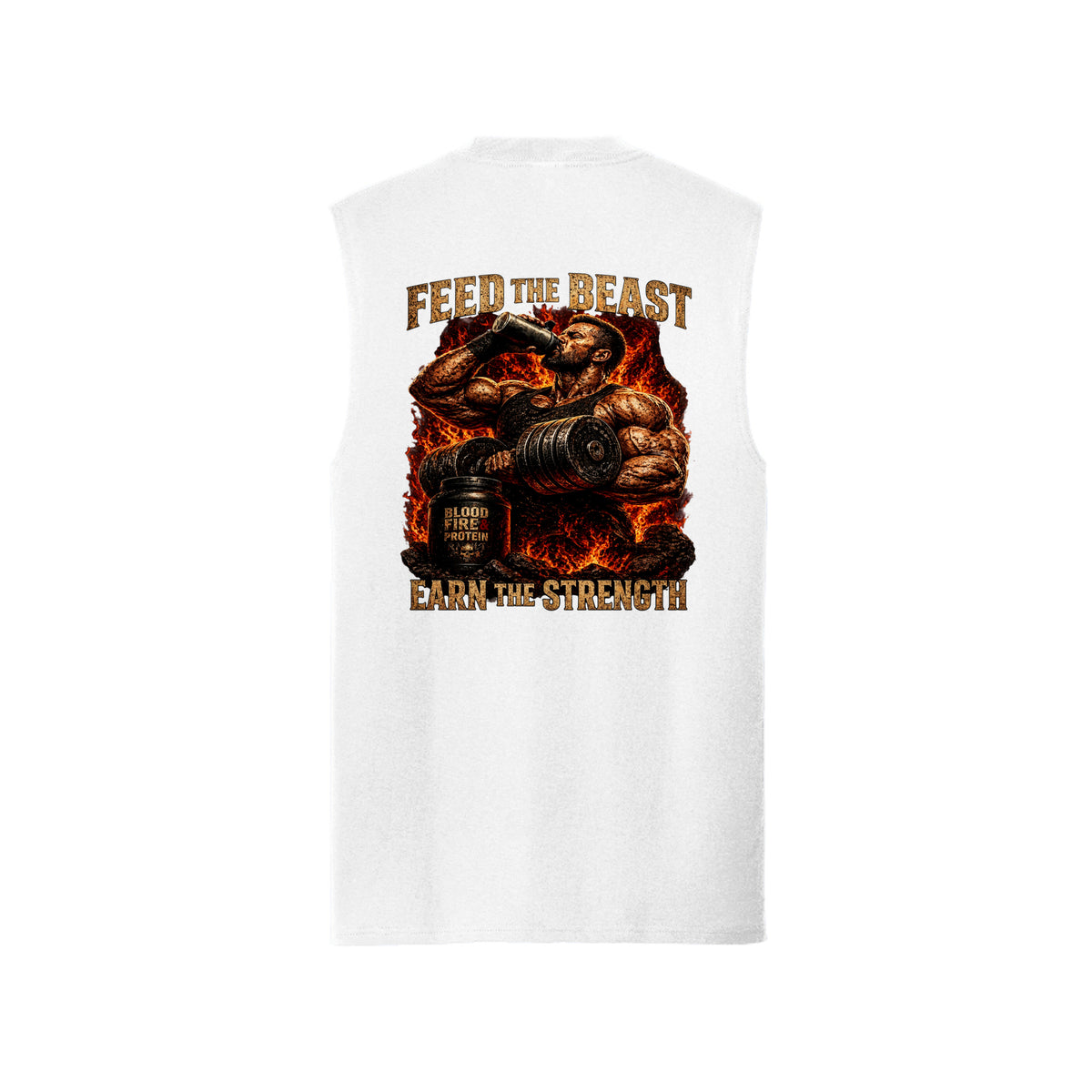 White Feed The Beast muscle tank, back view, with an athlete mid-curl and a BFP shaker bottle framed in fire, Feed The Beast above and Earn The Strength below.