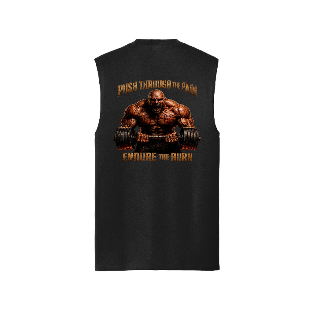 Jet Black Push Through The Pain muscle tank, back view, with a battle-hardened bodybuilder grinding through reps, Push Through The Pain above and Endure The Burn below.