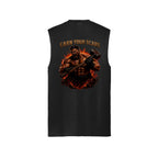 Jet Black Earn Your Scars muscle tank, back view, with a battle-ready warrior gripping a hammer amid flames beneath the arched words Earn Your Scars.