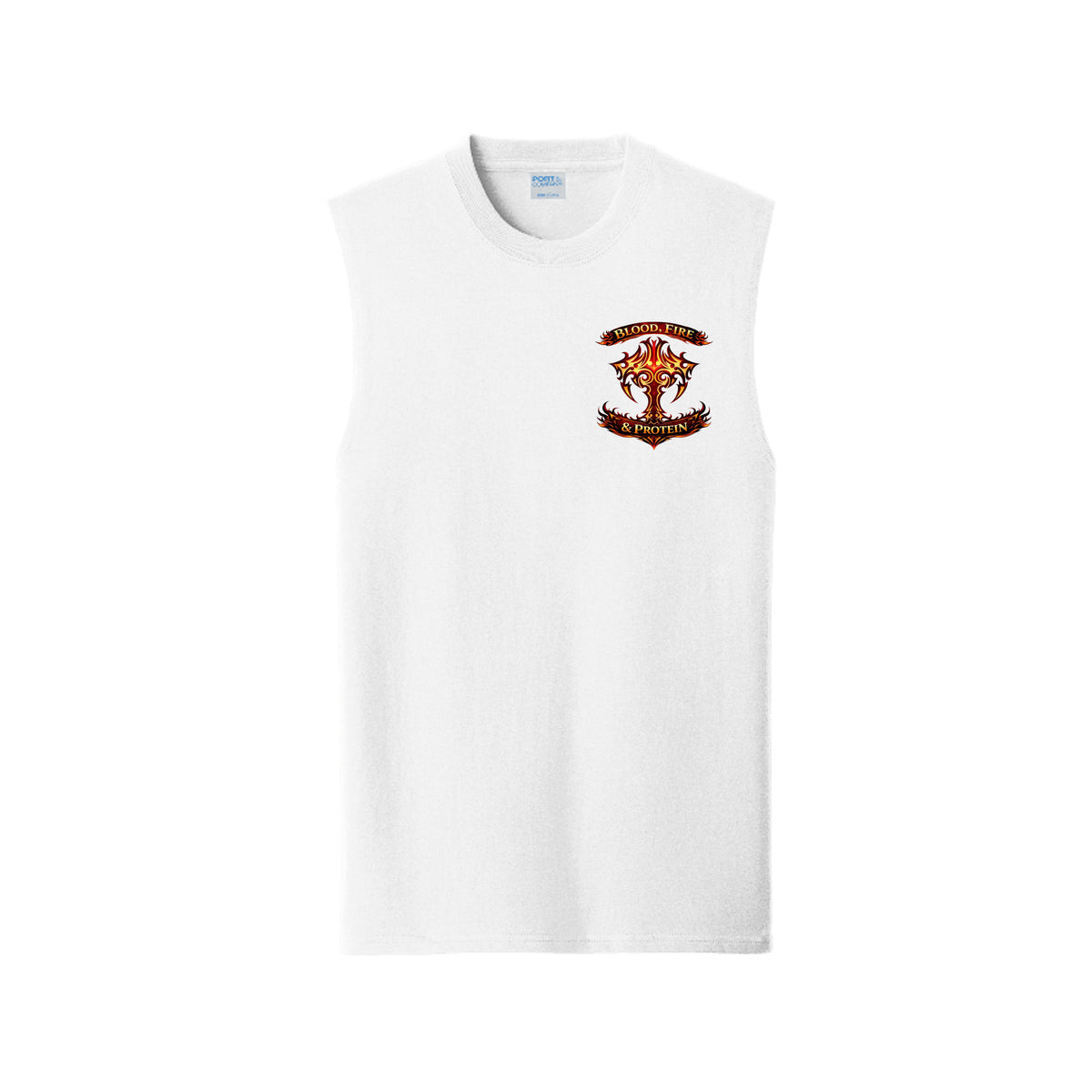 White Earn Your Scars muscle tank, front view, with the small Blood, Fire & Protein brand emblem on the chest.