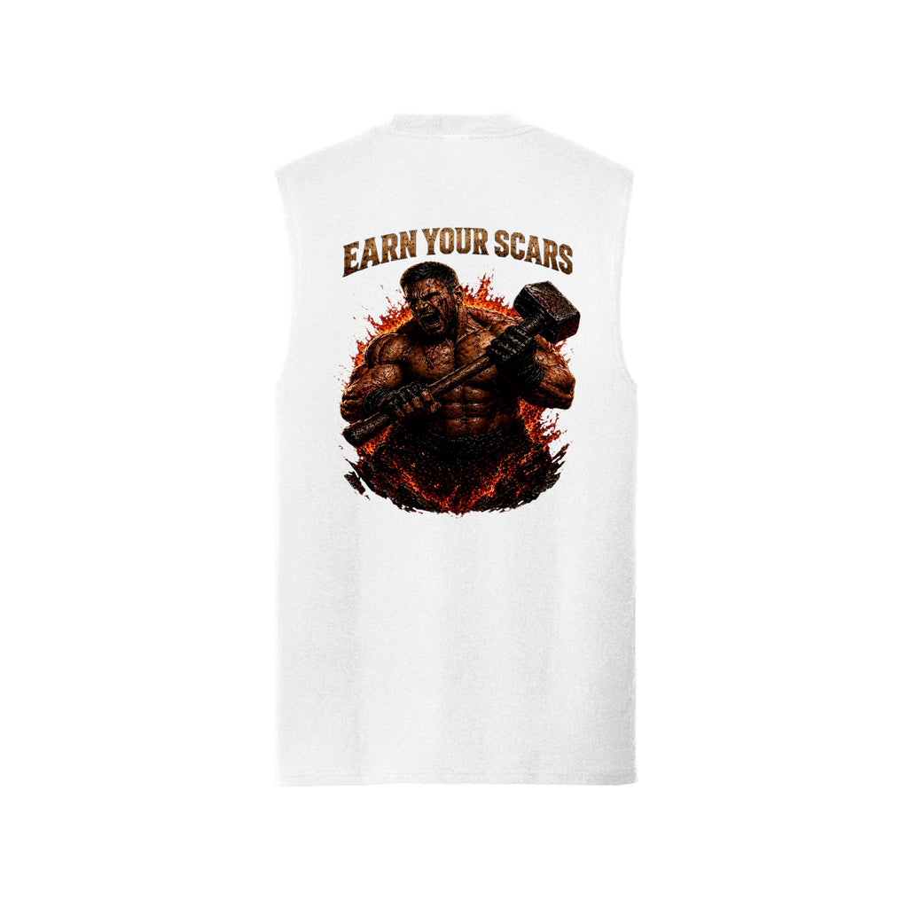 White Earn Your Scars muscle tank, back view, with a battle-ready warrior gripping a hammer amid flames beneath the arched words Earn Your Scars.