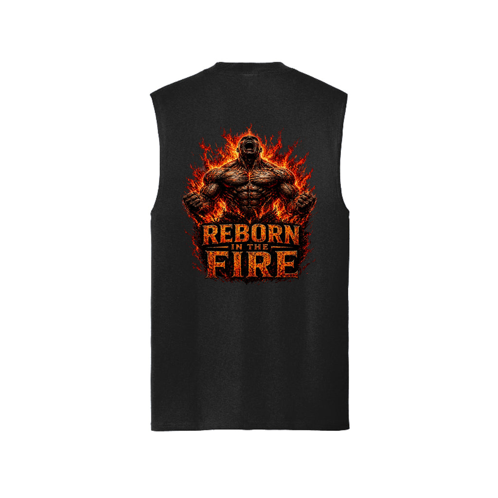 Jet Black Reborn in the Fire muscle tank, back view, with a phoenix-warrior rising from roaring flames, wings spread wide, above Reborn In The Fire in cracked stone.
