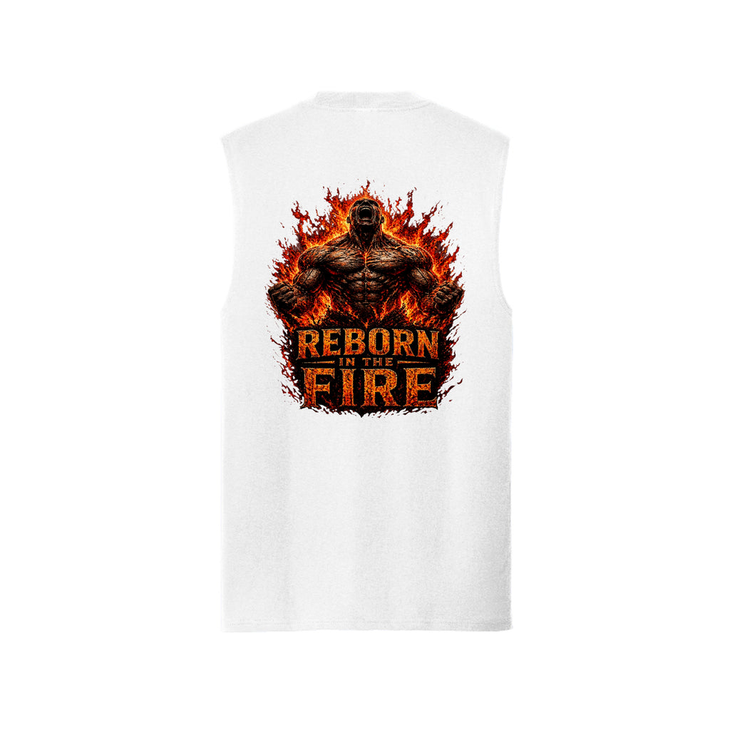 White Reborn in the Fire muscle tank, back view, with a phoenix-warrior rising from roaring flames, wings spread wide, above Reborn In The Fire in cracked stone.